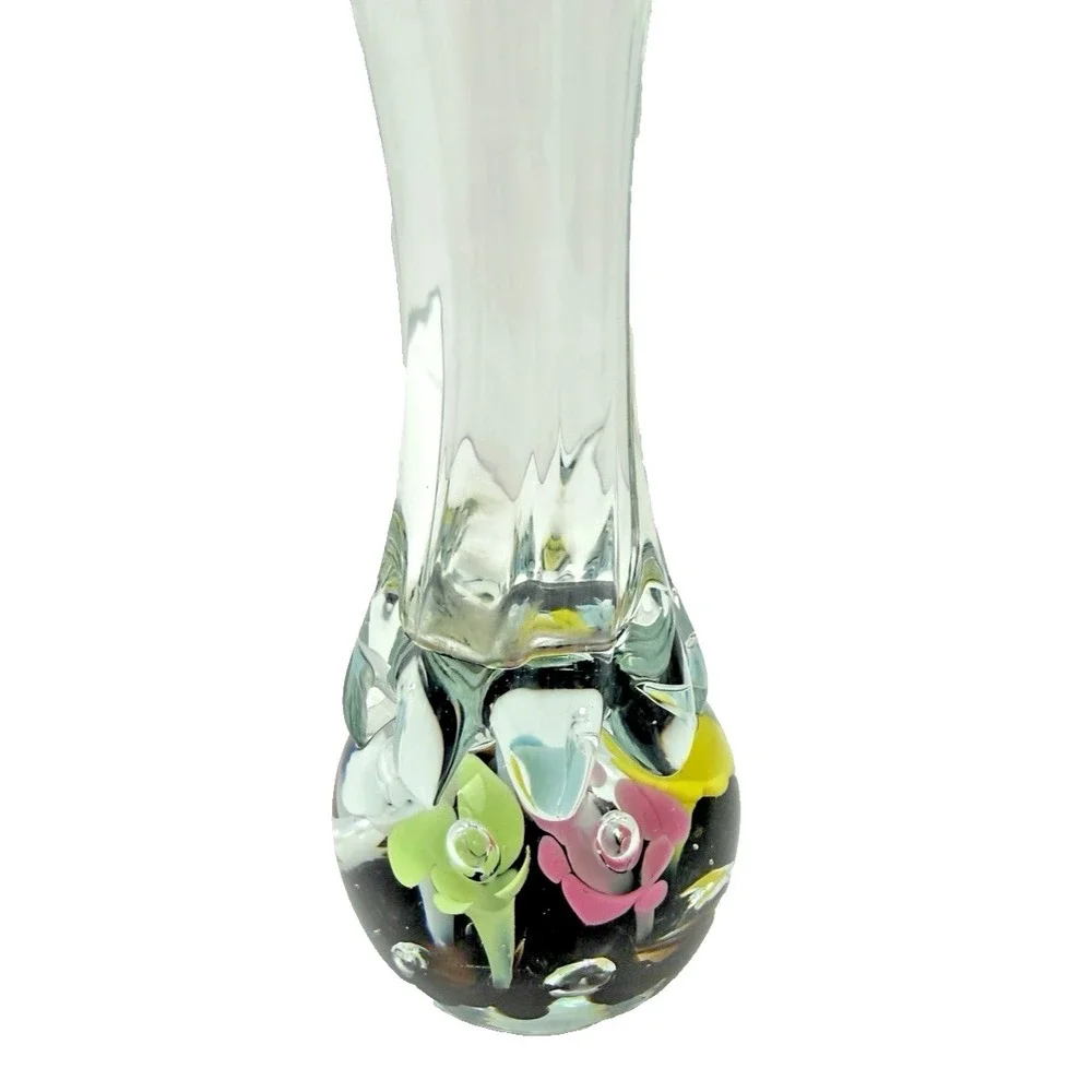 Vintage MCM St Clair Art Glass Bud Vase Pastel Flowers Handblown with Bubbles